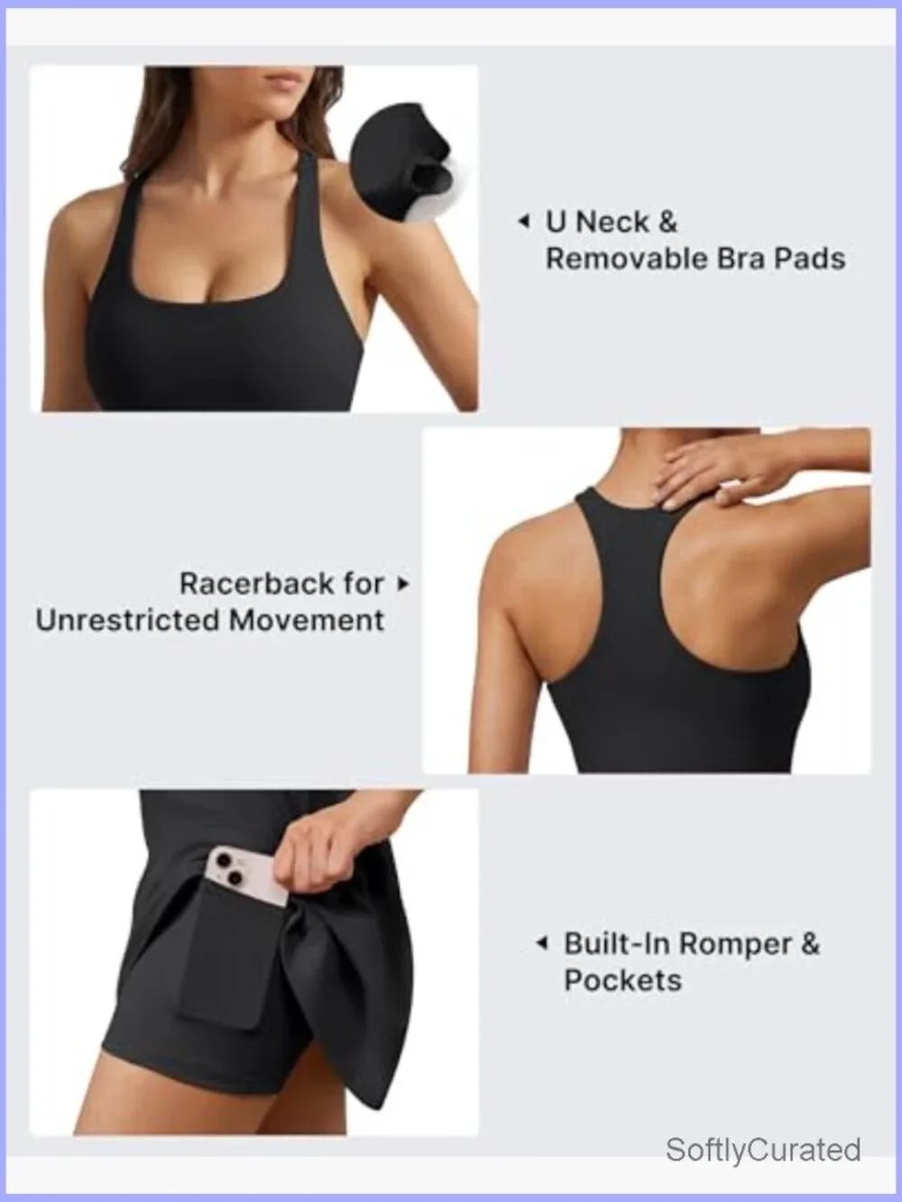 Racerback Tennis Dress with Built-in Bra & Shorts U Neck Active Dress - Picture 4 of 6